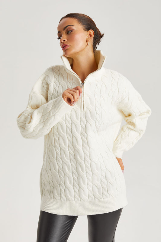 White Cable Zip Neck Jumper