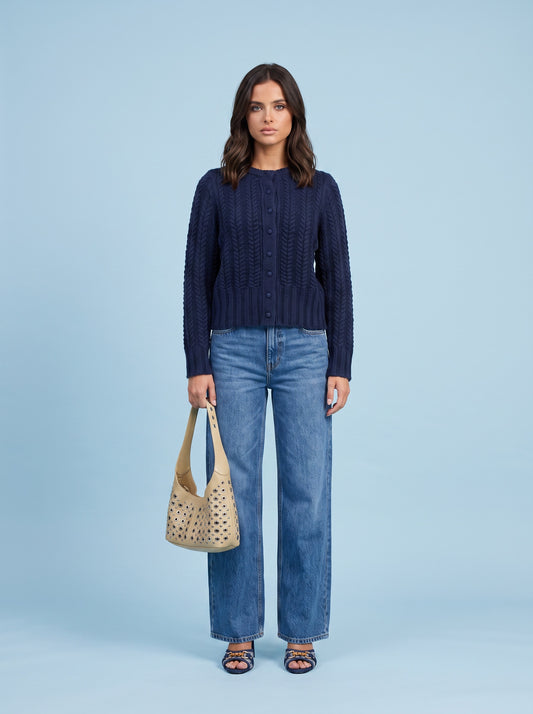 Wool Blend Cabled Cardigan Navy