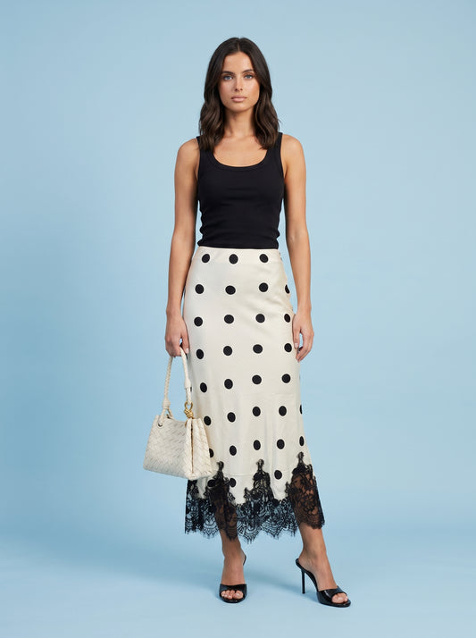 Lace Trim Spot Maxi Skirt White Pattern
