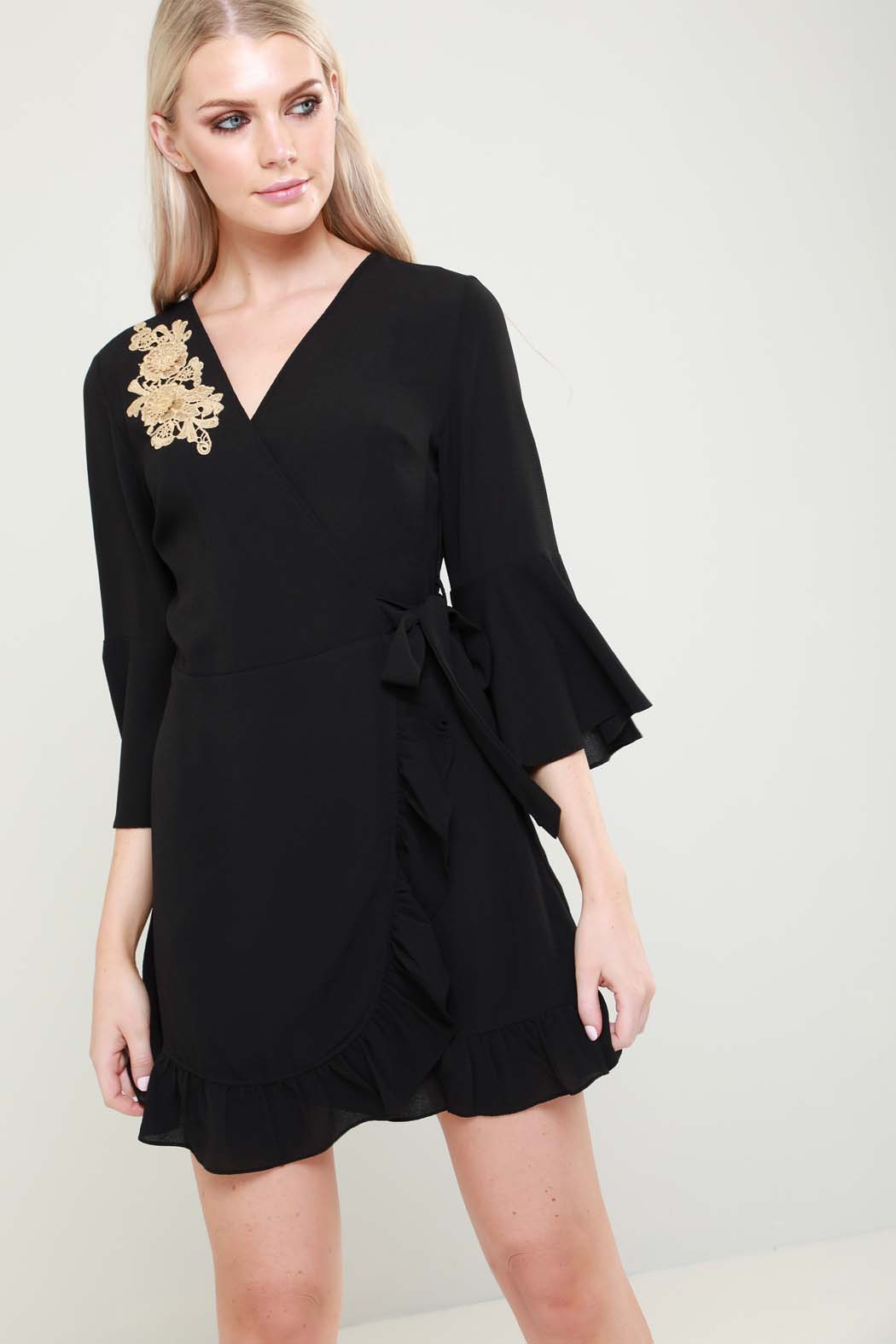 Nicole Wrap Flute Sleeve Embroidered Mini Dress