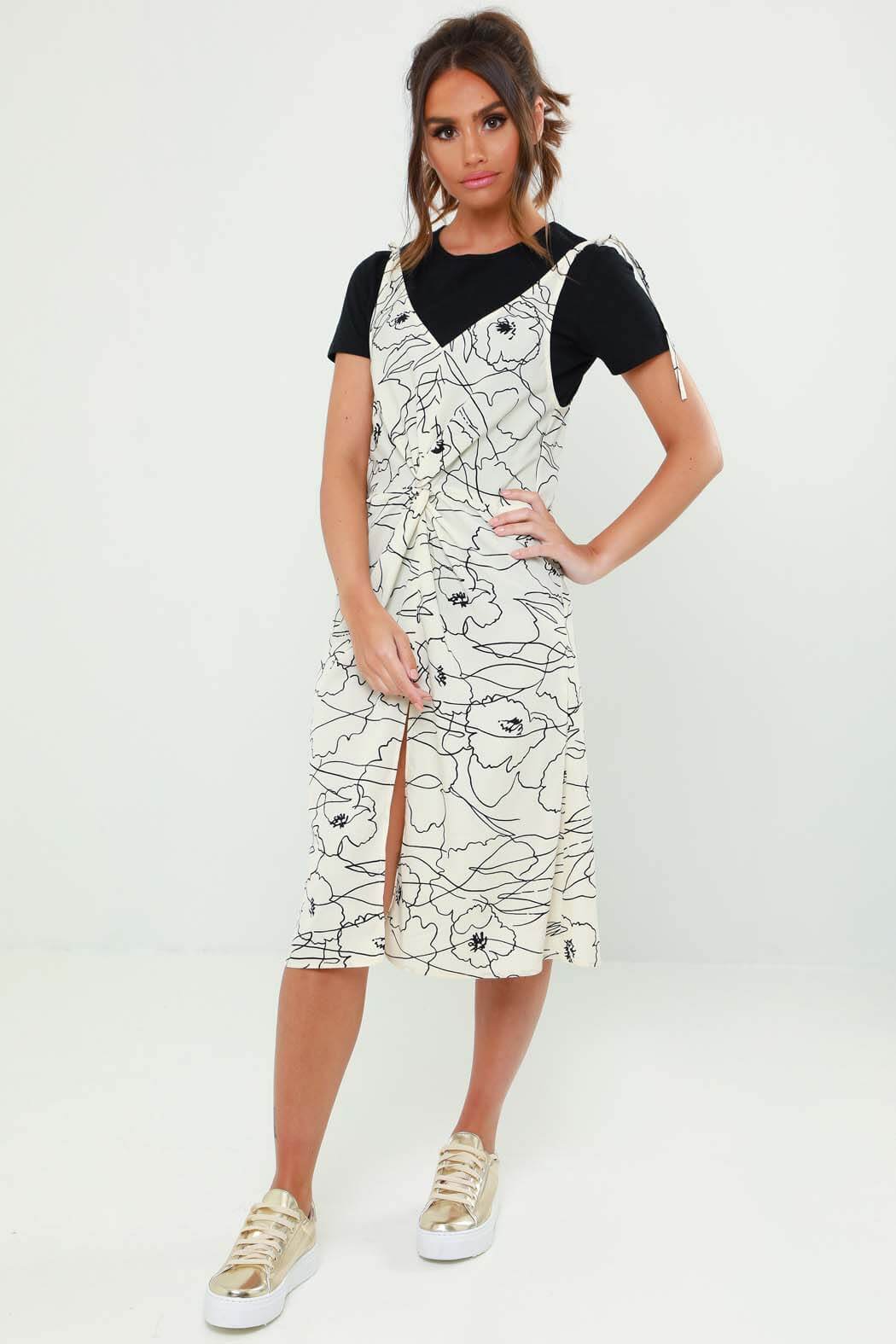 Maisy Abstract Floral Twist Front Strappy Midi Dress