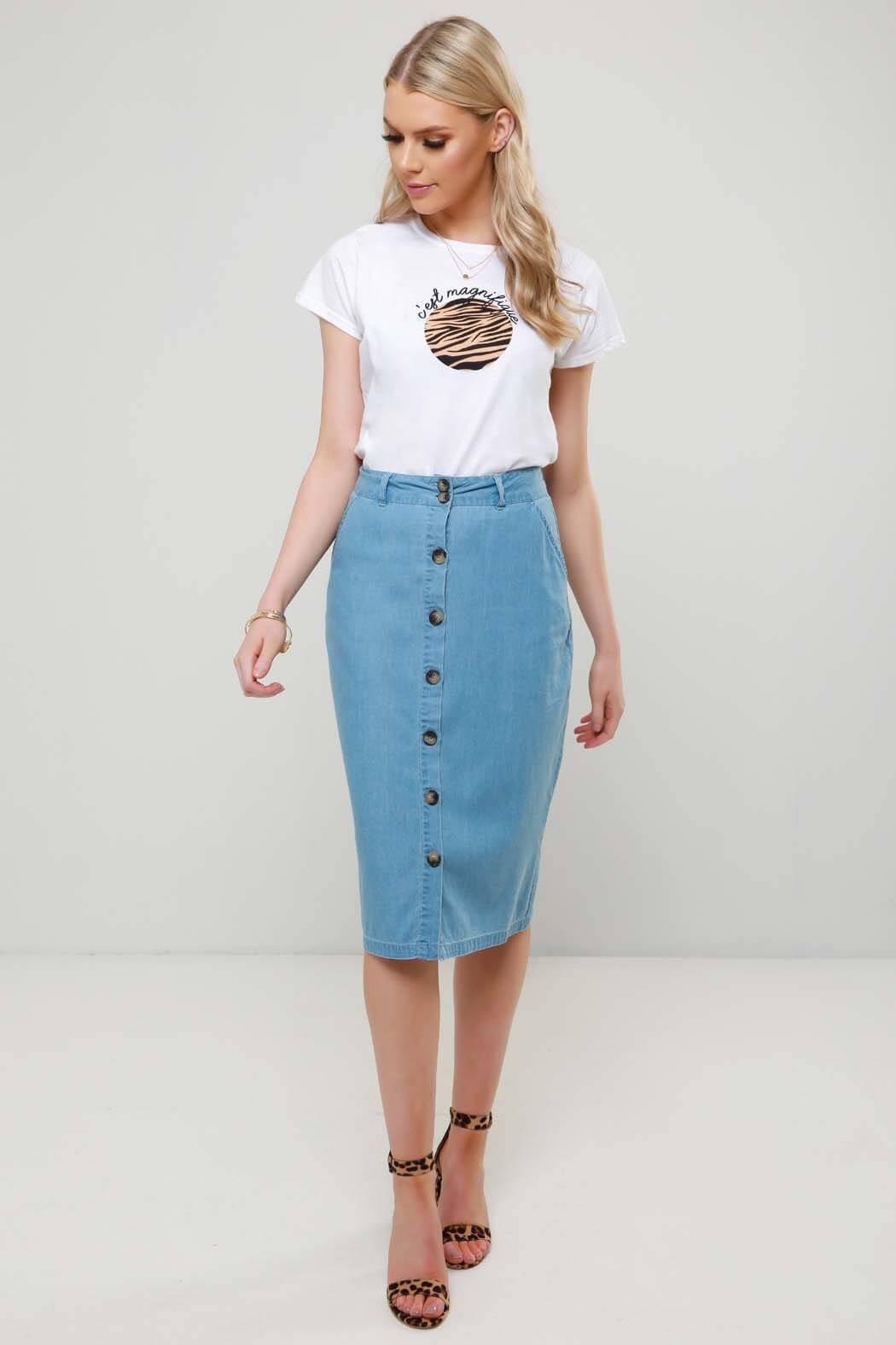 Bali Pale Button Through Denim Chambray Midi Skirt