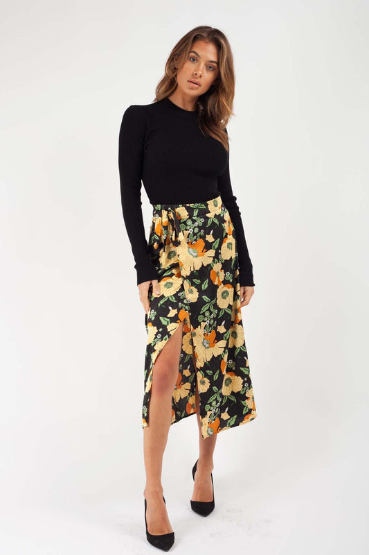 Oriental Black Satin Floral Wrap Midi Skirt