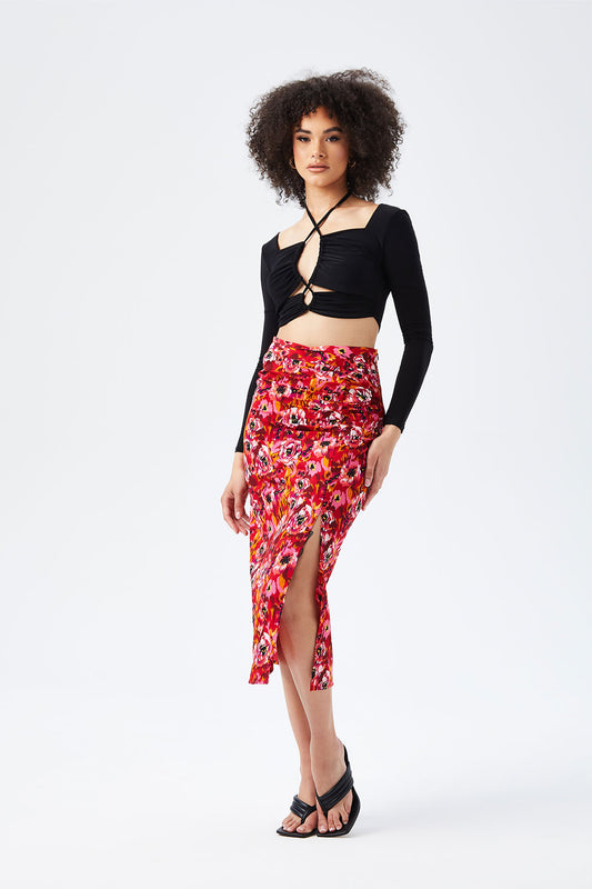 Fuschia Gathered Detail Midi Skirt