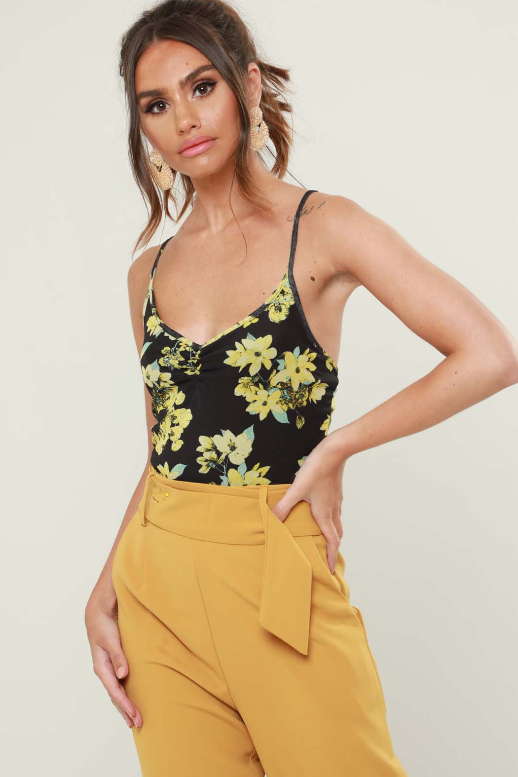 Dahlia Yellow Floral Mesh Strappy Body