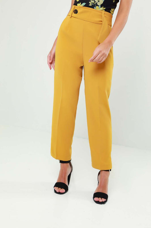 Lindsey Mustard Contrast Button Belted Tapered Trouser