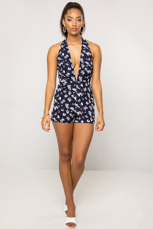 Mariella Halter Neck Plunge Tie Back Navy Floral Print Playsuit