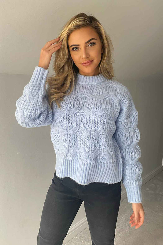 Cosy Balloon Sleeve Blue Cable Jumper