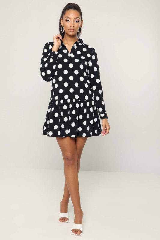 Cleo Black Spot Frill Mini Shirt Dress