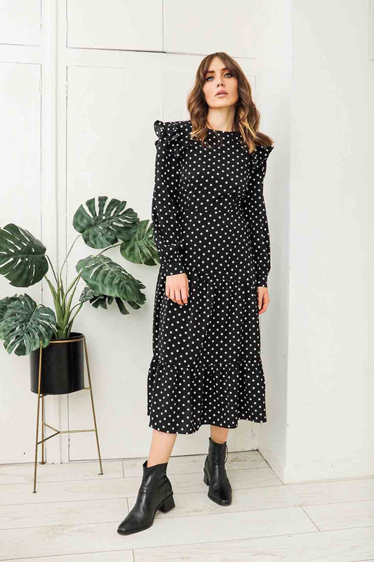 Franny Spot Fitted Ruffle Midaxi Dress