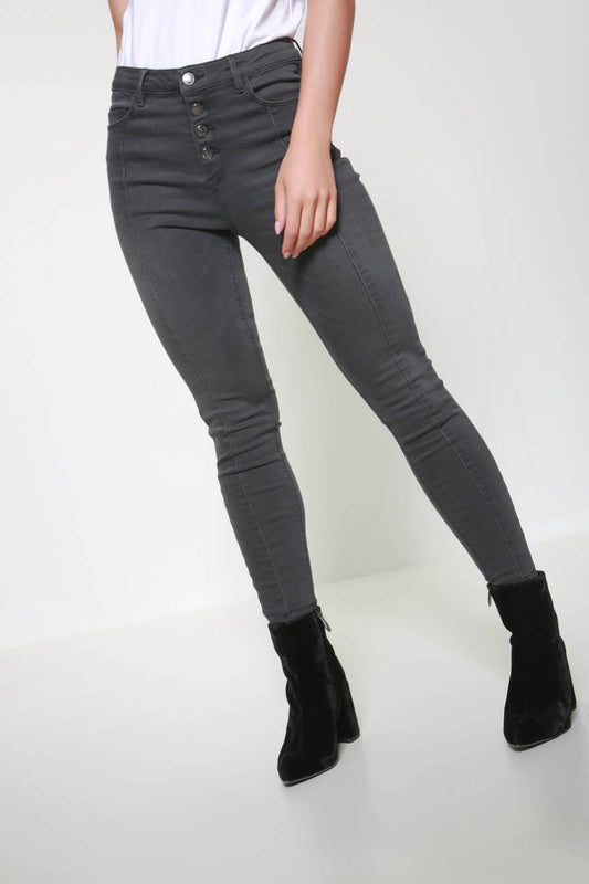 Emma Washed Black Button Front Panelled Seam Skinny Jean