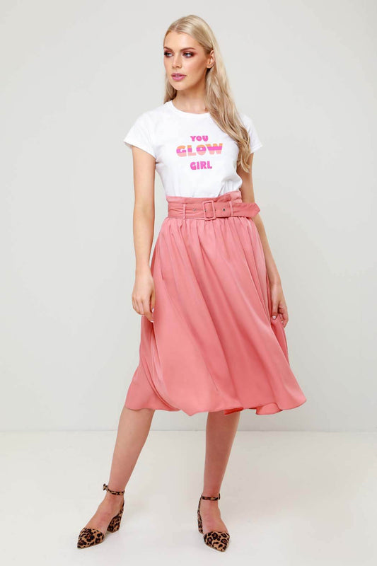 Pink Katrine Self Belt Midi Skirt