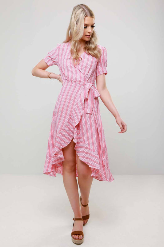 Etta Red Stripe Wrap Ruffle Midi Beach Cover Up Dress