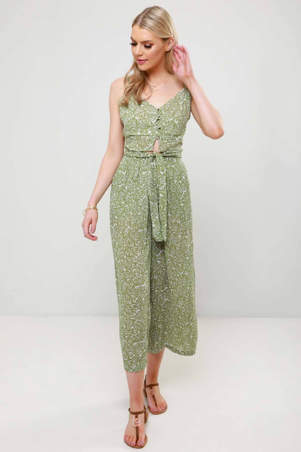 Palm Print Tie Waist Crop Wide Leg Trouser