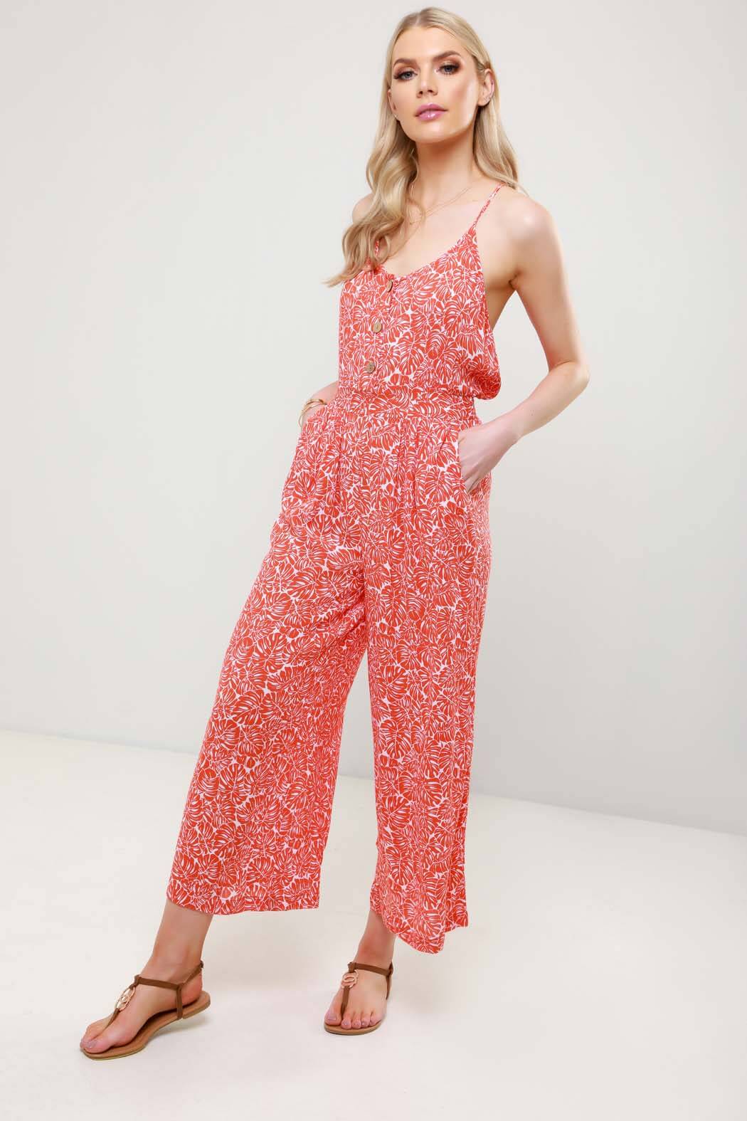 Palm Print Strappy Wide Leg Jumpsuit