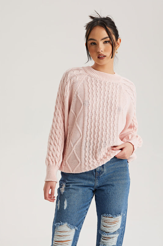 Pink Crew Neck Cable Jumper
