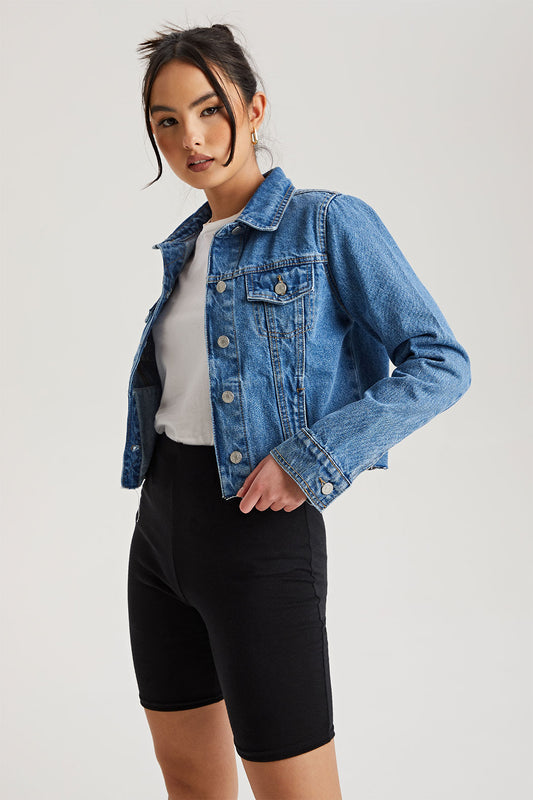 Mid Blue Raw Hem Denim Jacket