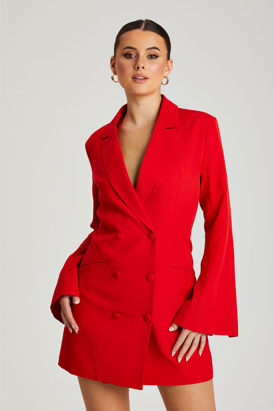 Red Flare Sleeve Fitted Blazer Dress