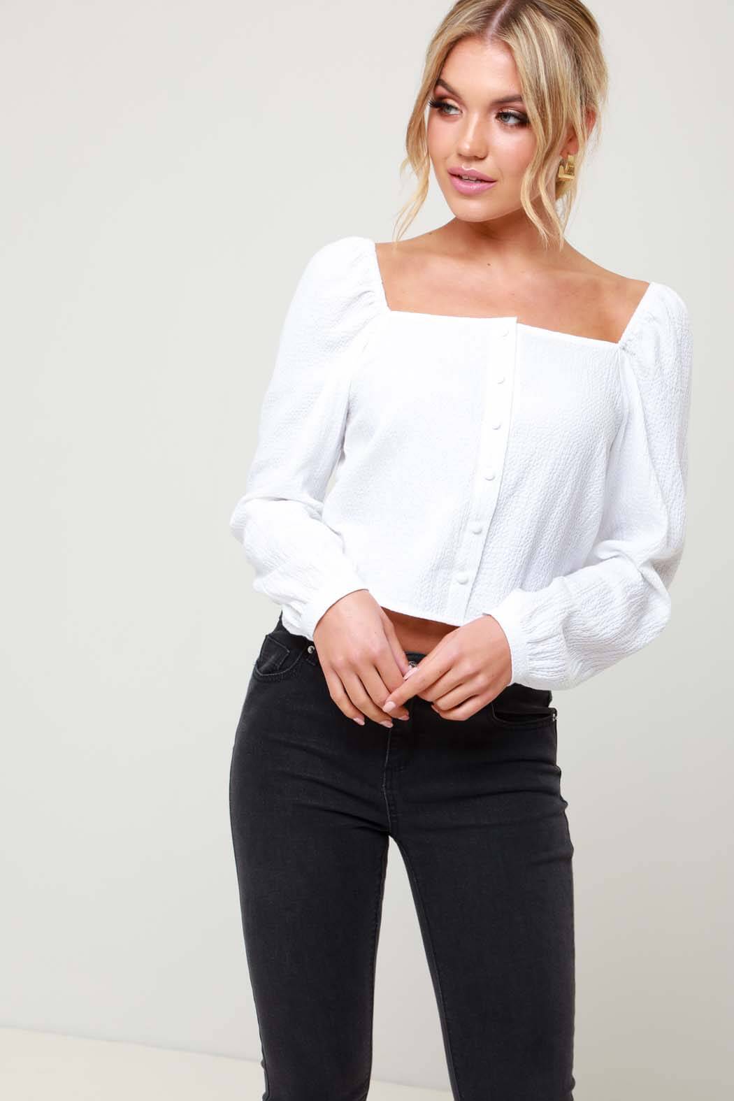 Robyn Textured Square Neck Button Through Puff Sleeve Top