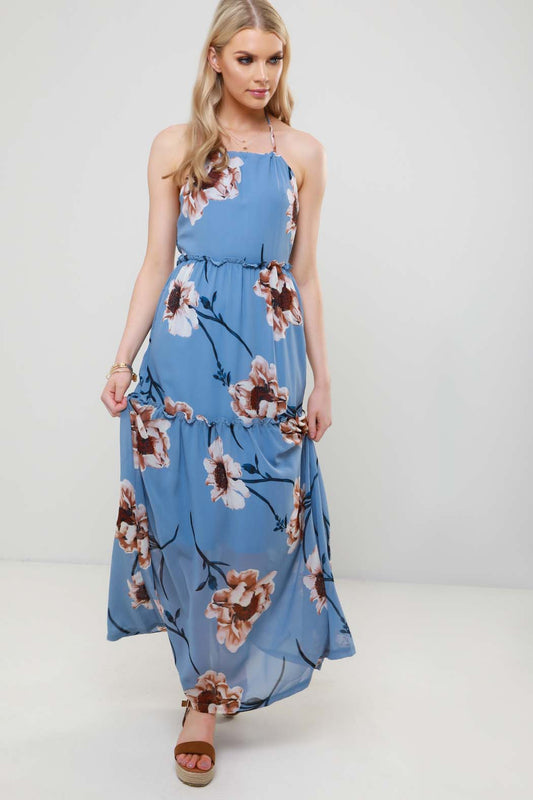 Tiffany Blue Floral Tiered Maxi Dress