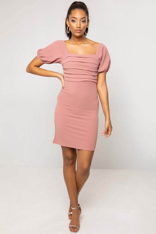 Tilly Pink Ruched Front Puff Sleeve Mini Dress