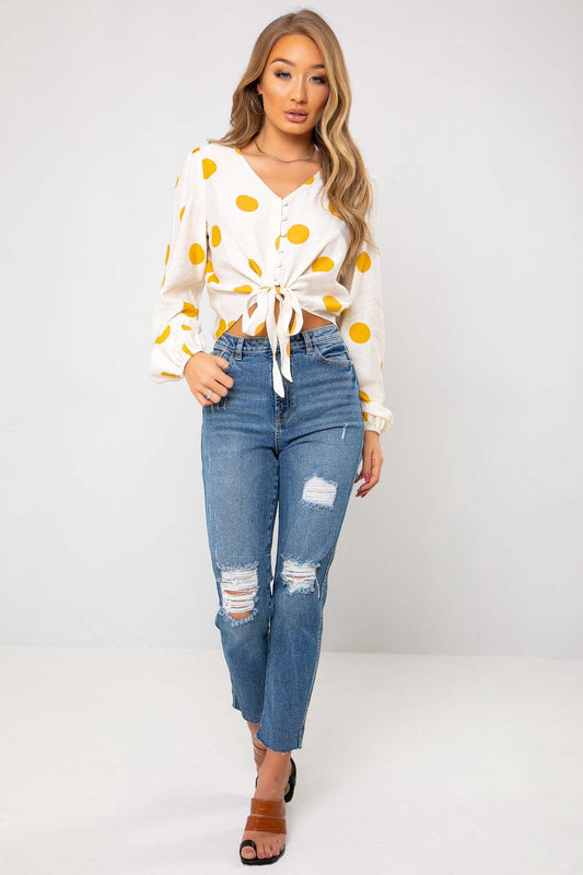 Canary Mustard Spot Tie Front Top