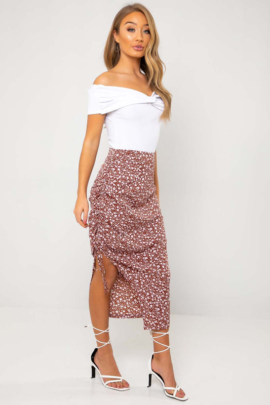 Marissa Lilac Floral Drawstring Side Split Midi Skirt