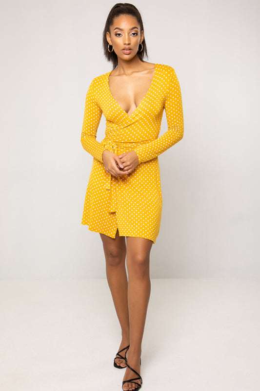 Viv Mustard Long Sleeve Spot Mini Wrap Dress