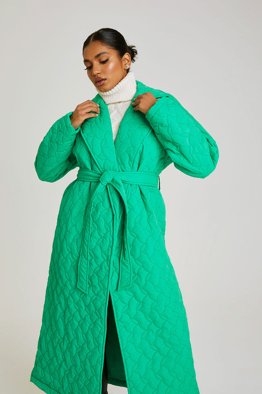 Green Longline Quilted Belted Jacket