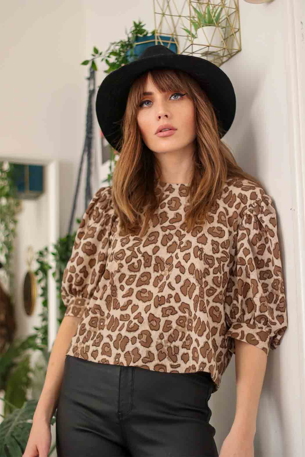 Animal Puff Sleeve Blouse