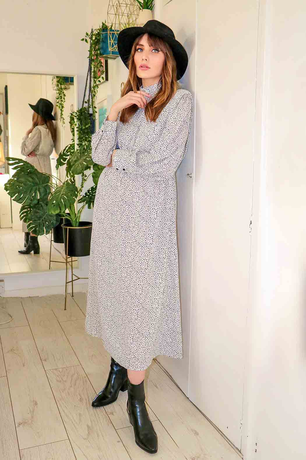 Shoulder Pad High Neck Midi Dress